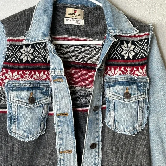 Upcycled OOAK Reworked Sz M Vintage Gap Denim Jacket & Woolrich Nordic Sweater - Picture 2 of 6